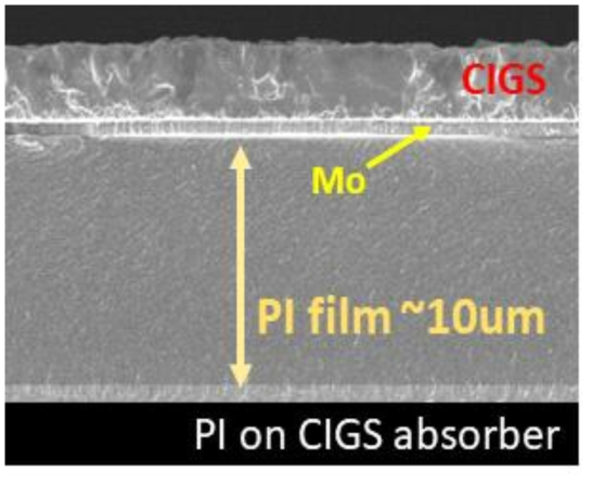 PI 바니쉬로 제조한 PI film 위에 형성된 2-step CIGS 흡수층 박막의 SEM 단면 이미지