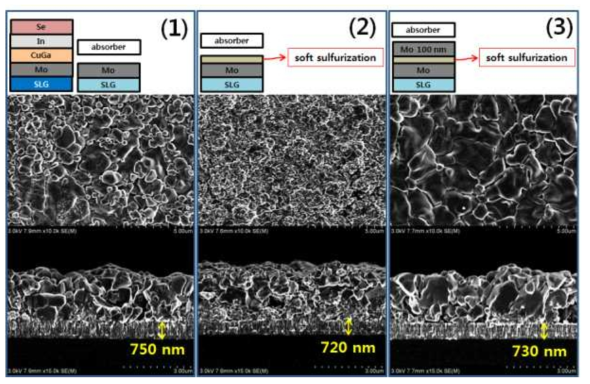 Mo 전극 표면의 soft sulfurization를 이용한 CIGS 흡수층 박막 SEM 이미지 비교 (1) 기존 가압 공정 (2) Mo 표면의 sulfurization 처리를 이용한 가압 공정 (3) Mo 표면의 sulfurization 처리 및 Mo 증착을 이용한 가압 공정
