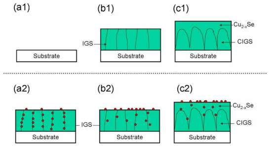 CIGS흡수층 박막 내부에서의 Na의 거동을 나타낸 개략도 (Na : red dot)