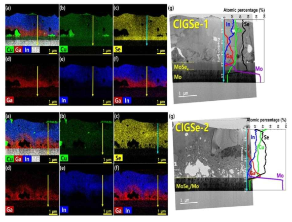 Mo/CuGa/In/Ga2Se3 적층 구조에서의 CIGSe 흡수층 STEM-EDS mapping 이미지 및 조성 분포 분석