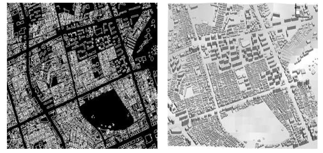 GIS에서 제공한 건물 및 토지정보(왼쪽) 및 실제 구축한 지형 데이터(오른쪽)