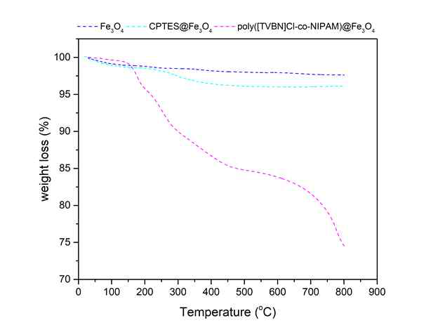 TGA analysis of poly([TVBN]Cl-co-NIPAM)@Fe3O4