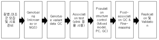 일반적인 전장유전체 연관연구 (Genome-wide association study, GWAS)의 진행 도식도