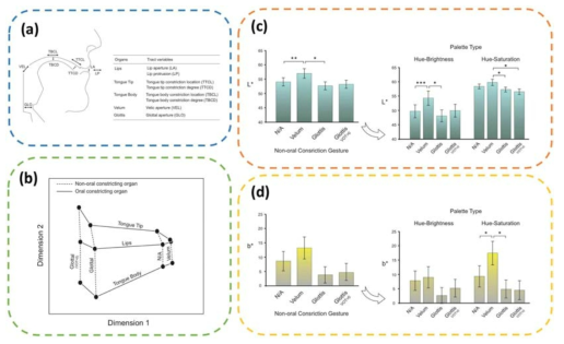 (a) 조음 기관 및 변수 도식 (b) 모수화된 자음 자극들의 지각 공간 결과 (c) 자음 소리와 연합된 색의 명도(L*) 결과 (d) 자음 소리와 연합된 색의 청-황 좌표 결과