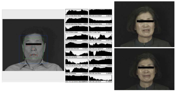 (좌) Machine Vision을 활용한 기본정서 표정의 운동유닛 평가 결과 예시. (우) 대화적 얼굴표정 예시