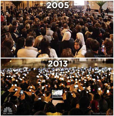 2005년과 2013년도의 교황즉위식 장면