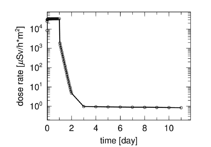 1일간의 중성자 조사 및 10일간의 냉각시간에 따른 SiC의 총 주위선량당량 변화