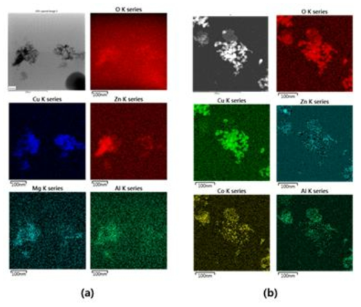 (a) Cu/Zn/Mg/Al-NP와 (b) Cu/Zn/Co/Al-NP 촉매의 TEM-EDS 분석결과