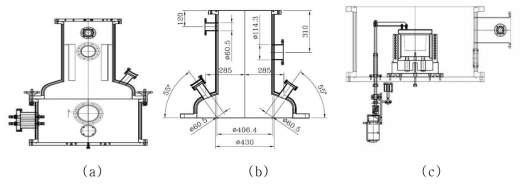 용해챔버 설계도 (a) 조립된 상부 및 하부 챔버 (b) 상부 챔버 (c) 하부 챔버