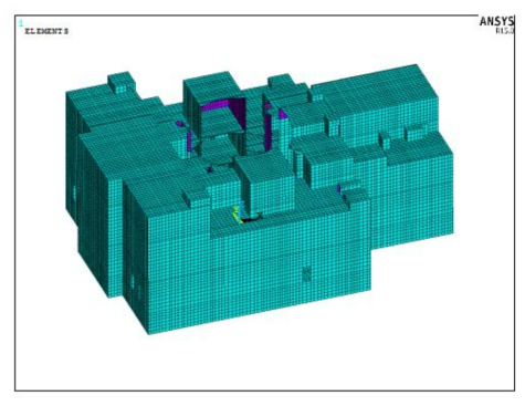 핵연료건물을 포함한 보조건물의 유한요소 모델의 3D ISO View