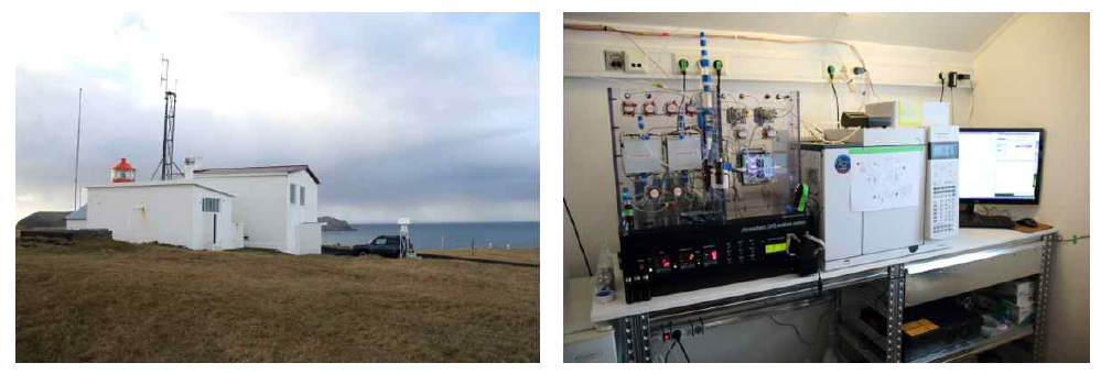 Storhofdi station located in Heymaey island, Iceland (left), and Automated DMS analytical system installed inside of the Storhofdi station (right)