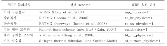 WRF 모델에 적용된 물리적 옵션