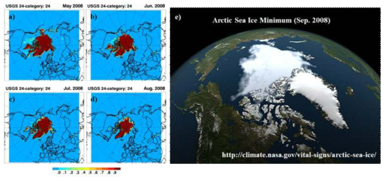 IMS의 해빙 (sea ice) 정보자료를 고려한 24번 land use category 해당 비율 분포: a) 2008년 5월, b) 2008년 6월, c) 2008년 7월, d) 2008년 8월, e) 북극 해빙 분포 영상 (2008년 9월)