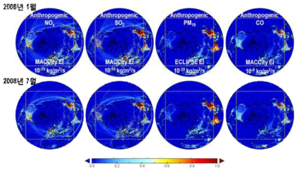 2008년 1월과 7월의 NOx, SO2, PM10 및 CO 배출량의 공간적 분포