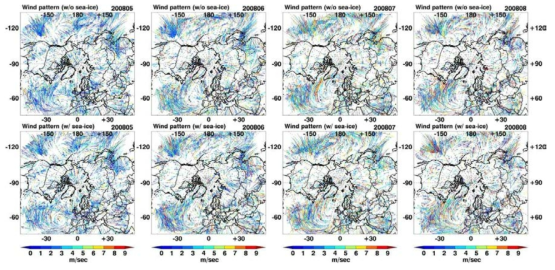 2008년 5월 – 8월 WRF 모델링의 월평균 바람장 패턴: 해빙 지표 정보 개선한 바람장 (상) 및 기본 설정된 바람장 (하)