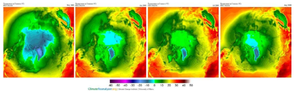 동일기간 ERM-interim 자료를 이용한 2M 지표 온도 분석 결과 (Climate Change Institute 제공 자료)