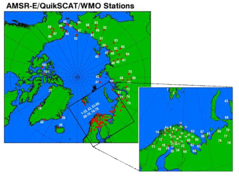 AMSR-E/QuickSCAT/WMO 통합 등록자료의 관측지점