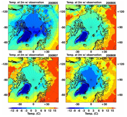 2008년 5월 –8월 WRF 모의 및 WMO 관측망 (○)의 월평균 지표 2m 온도 분포