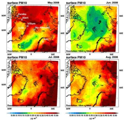 북극지역 월별 PM10의 공간분포 및 세부 분석 대상지역 (Eureka, Alert, Villum, SUM, Ny-Alesund, PAL 지역)