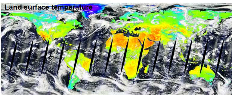 MOD11A1 지표면 온도 (출처: https://worldview.earthdata.nasa.gov/)