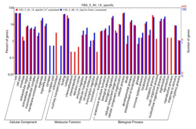 10% FBS 대비 5% SACCS (1X) 적응 세포주에서 차등 발현 유전자의 GO classification. Red bar: up-regulated gene, blue bar: down-regulated gene