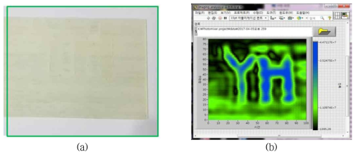 (a) 검사용 시편 HY가 은 나노입자로 새겨진 시편의 사진 (b) THz 영상