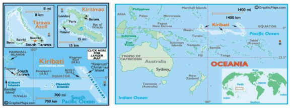 키리바스 지도와 대표적인 두 개의 섬인 ‘사우스 타라와’, ‘크리스마스’ 지도(왼) 및 남태평양에서 키리바스의 위치(오)