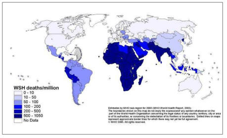 오염된 물, 위생문제로 인한 나라별 사망자 통계(WHO 2002)