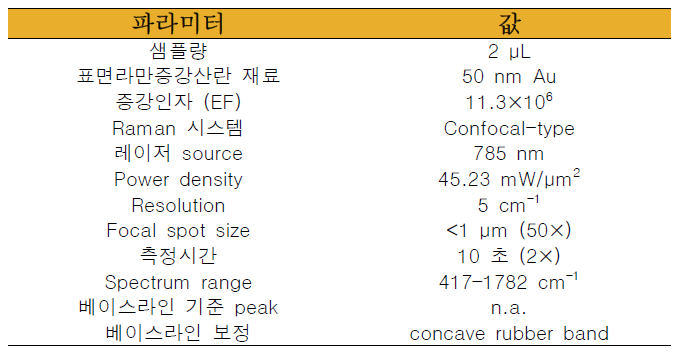 테스트에 사용된 라만 측정실험 조건