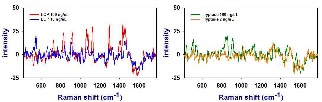 ECP와 Tryptase 단백질 각각과 PBS의 difference 라만 스펙트럼