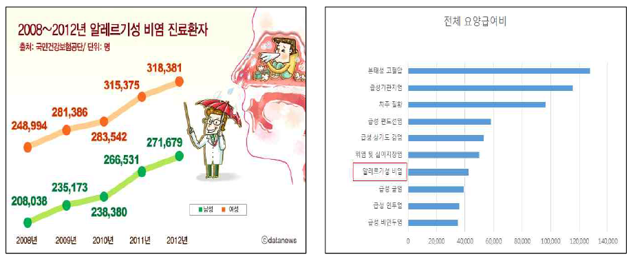 알레르기 비염 진료 환자 증가 추이와 2012년 전체 요양급여 순위(건강심사평가원)