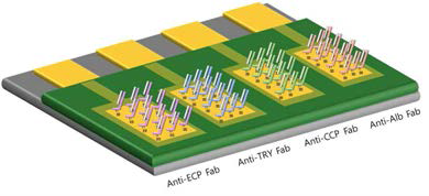 4종의 알레르기 비염 진단 바이오마커 (ECP, TRY, CCP16, Alb)검출을 위해 각각의 Fab Ab가 고정화된 멀티어레이 전극의 구조