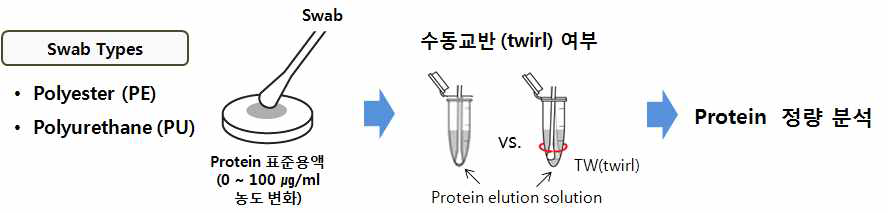 자체 제작한 추출액에 대해, swab에 흡수시키는 모델 단백질 (BSA) 농도 및 수동교반 시행여부에 따른 단백질 회수율 비교 평가 실험 개략도