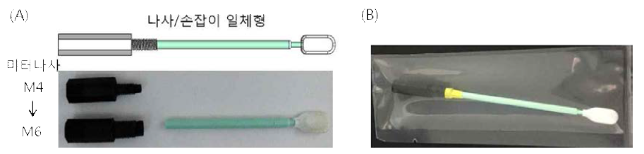 견고성이 강화된 swab 기반의 콧물 수집봉 (A) 나사와 손잡이 일체형 콧물 수집봉 (B) 사용자에게 제공되는 낱개 비닐 포장된 콧물 수집봉 사진