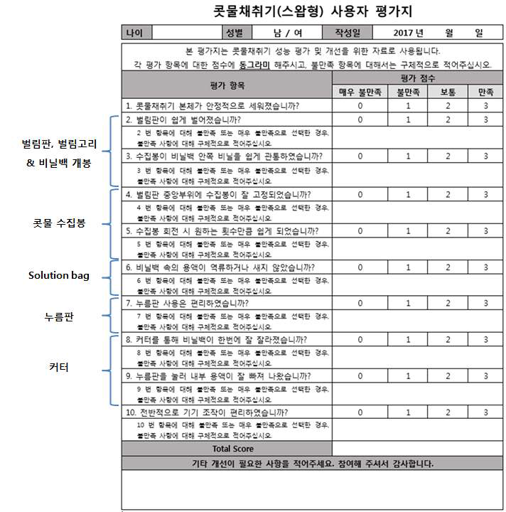 콧물 채취기 시작품 Ver. 4에 대한 사용자 평가지