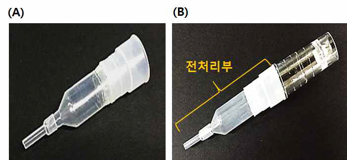 (A) 손으로 압착하는 방식의 전처리부 사진 (B) 콧물 흡입기 수집부과 연결된 전처리 일체형 콧물 채취기 ver. 1