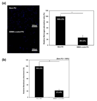 Zwitterion 하이드로젤이 코팅된 표면의 섬유아세포 흡착 분석 결과 (a), 피브리노겐 흡착 분석 결과 (b) (n=3, mean ± SD, *p<0.001)
