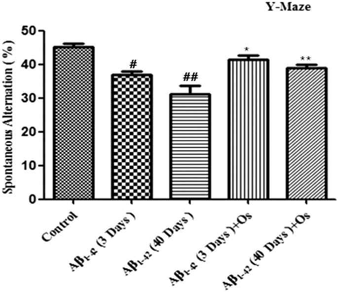 Spontaneous alternation behavior에 대한 osmotin의 효과. Aβ 1-42 (3 μ l/mouse, i.c.v.)나 vehicle (대조군)이 mouse에 처리 후 3일 또는 40일 동안 유지시킴. 이를 Aβ 1-42 (3 days), Aβ 1-42 (40 days) and control.로 표시함, Aβ 1-42 (40 days)과 control. Aβ 1-42,가 투여되고 3일, 40일 경과 후 Osmotin (15 μ g/g, i.p., 4 hr)투여. 이를 Aβ 1-42 (3 days) + Os, Aβ 1-42 (40 days) + Os로 표시함. Spontaneous alternation behavior percentages는 각 그룹별 Osmotin, saline 투여 4시간 후 Y-maze를 이용하여 8분간 측정됨. 막대는 ± SEM; n = 15 각 실험 그룹당을 의미함. #significantly different from the vehicle-treated control mice; *significantly different from the Aβ 1-42-treated mice