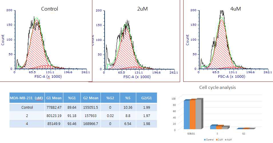MDA-MB-231 세포주에서 물질 4244의 세포주기-읮노성 효능 평가