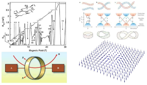 위상 양자수(topological quantum number)를 이용하여 위상상태를 구분하는 대표적인 예. (왼쪽) 천 양자수(Chern quantum number)를 이용한 서로 다른 양자홀 상태 사이의 상전이 기술. (오른쪽) 2차원 위상 부도체(topological insulator)의 대표적인 예인 양자 스핀 홀 효과(quantized spin Hall effect)의 전자구조의 위상학적 특성 및 이와 연관된 스커미온(skyrminon)