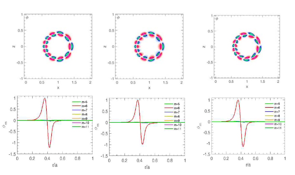 홀수 tearing parity KBAE poloidal 및 radial 모드 구조 βi0 = 0.007 and pi0 = 0.008. (왼쪽) FLR 효과만 고려, (중간)FLR 효과와 평행평형 전류 효과만 고려. (오른쪽) FLR 효과와 평행평형 전류 효과를 포함하고 kinetic 감쇠도 고려