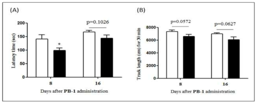 PB-1 투여 동물의 운동 장애 확인 (A: rotarod test, B: locomotor activity test) (□: Normal, ■: PB-1)