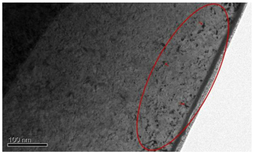 He 조사된 W0.5(TaTiCrV) 기지 복합재 시편의 TEM 결과