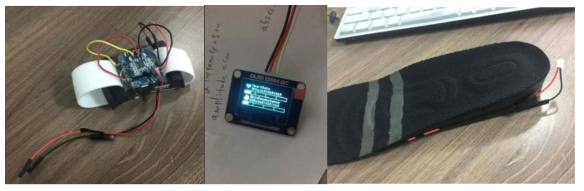 이모션 인솔 하드웨어 실기 사진 (좌: 생체신호 탐지모듈, 중: 신호표시 LED 모듈, 우: 생체신호 탐지센서가 부착된 깔창)