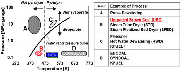 대표적인 저급탄 고품위화 공정의 운전조건
