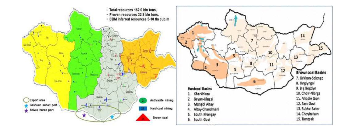 몽골 지역 석탄 탄광 및 자원 매장 분포도