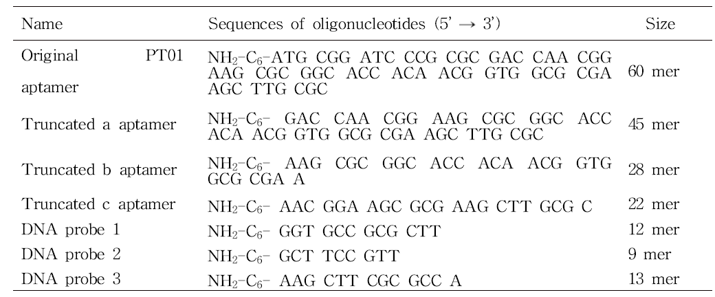압타머 및 DNA probe의 DNA sequence