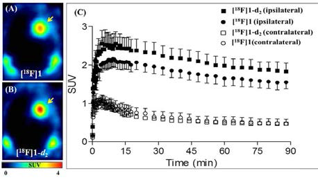 동일개체 뇌신경염증 모델에서의 PET 영상(A: FMPBR28([18F]1) 및 B: FMPBR28-d2 ([18F]1-d2)) 및 시간에 따른 분포곡선(C)