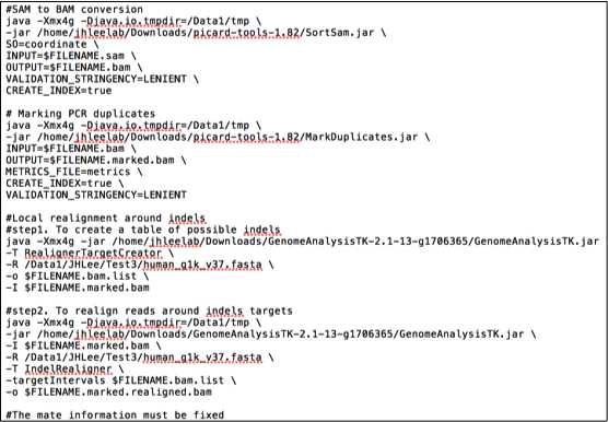 본 연구팀이 raw sequencing data로부터 analysis ready 상태의 bam file을 얻기 위하여 사용 중인 linux-based shell script 일부