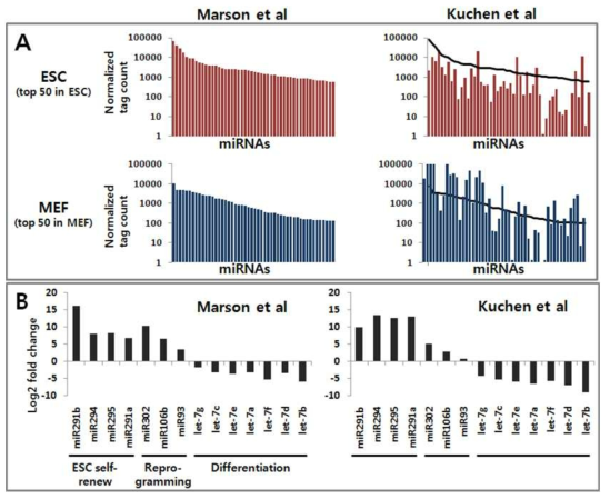 두 그룹의 small RNA 시퀀싱 데이터 비교분석. (A) 배아줄기세포 (ESC) 및 MEF 세포에서 가장 많이 발현되는 상위 50개 miRNA의 발현패턴. 전체 micro RNA의 tag 개수로 normalization을 하였음. 검은색 선 그래프는 Marson et al의 small RNA tag count를 의미함. (B) MEF 세포에 비하여 배아줄기세포에서 micro RNA가 변화한 정도